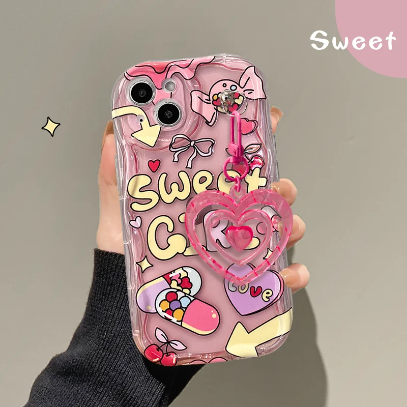 Korea Cute Pink Love Heart Keychain Transparent Clear Soft Phone Case for iphone 13 14 Pro Max 12 11 XR X XS 7 8 plus SE Cover