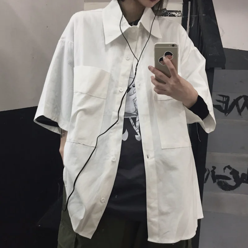 

Deeptown Harajuku Oversized White Blouses Women Vintage Japanese Style Short Sleeve Shirt BF Cool Tops Female Casual Streetwear
