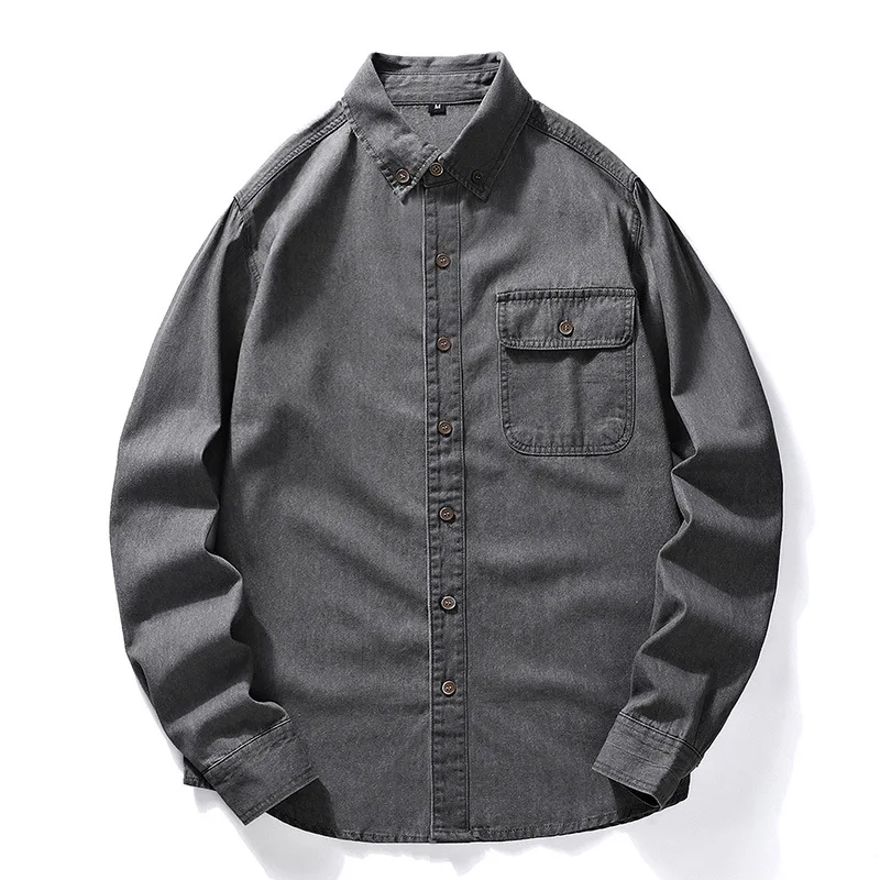 

Однотонная мужская джинсовая рубашка в стиле ретро с длинным рукавом, новинка весны, качественная хлопковая свободная Удобная рубашка для мужчин