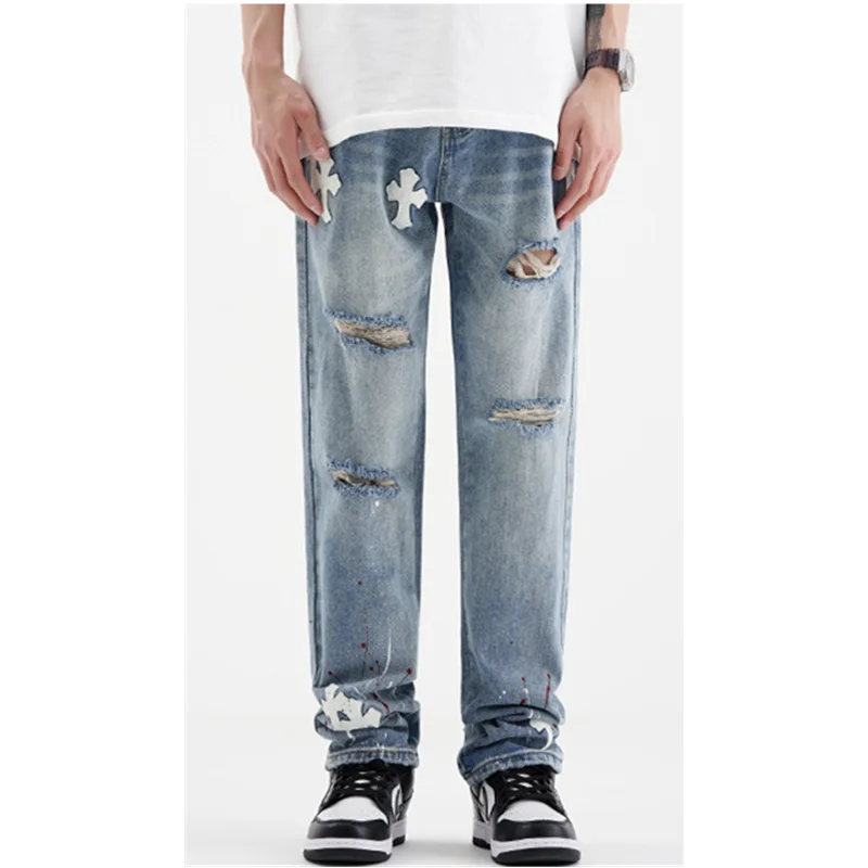 

Streetwear Men 2022 New Pasting Cloth Cross Pattern Recreational Light Blue Jeans Loose Straight Cylinder Trousers Autumn Female