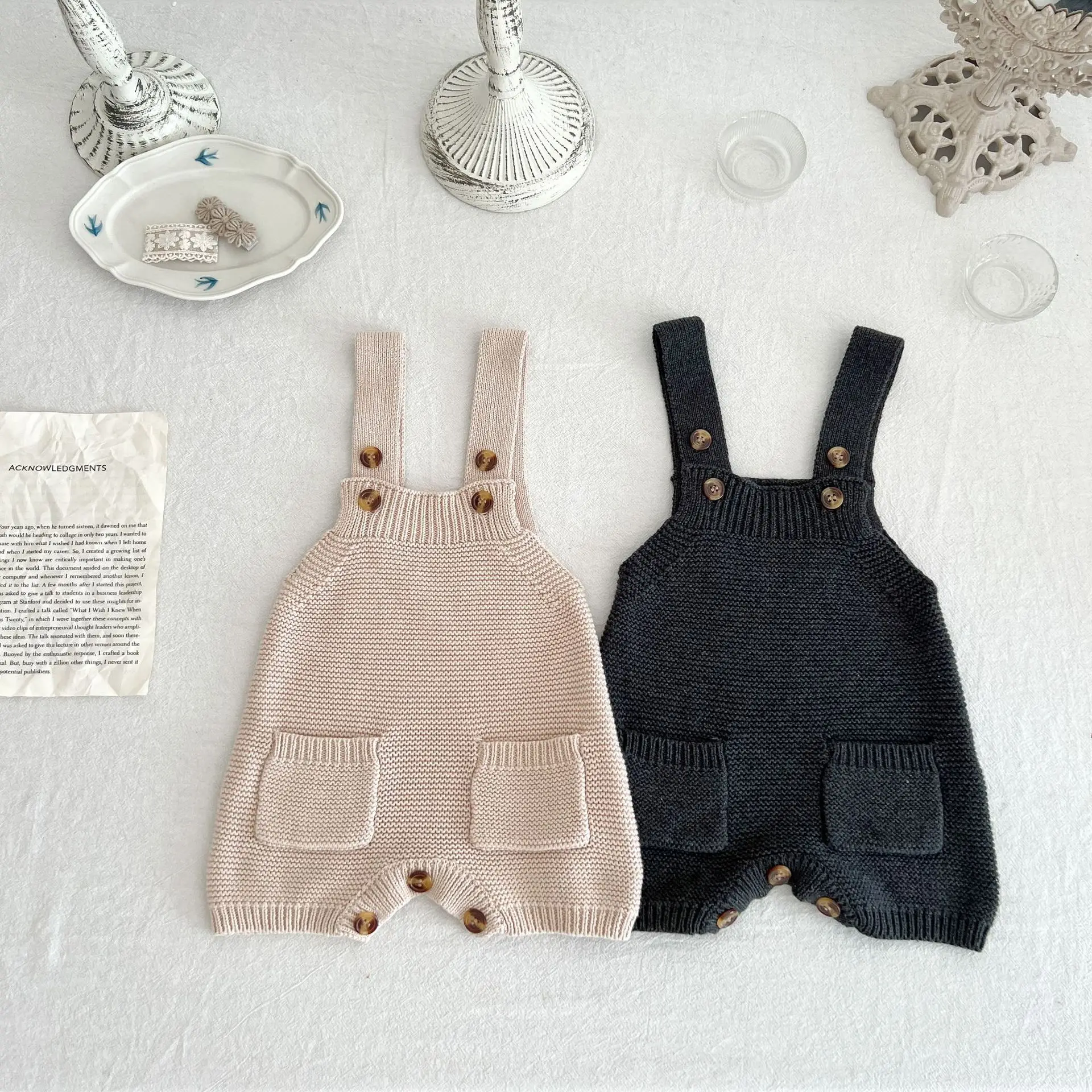 

Korean autumn baby boys girls romper jumpsuit sweater knitted wrapped clothes, fart clothes, double pocket back pants