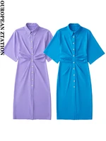 pailete women 2022 fashion french draped midi shirt dress vintage short sleeve button up female dresses vestidos mujer