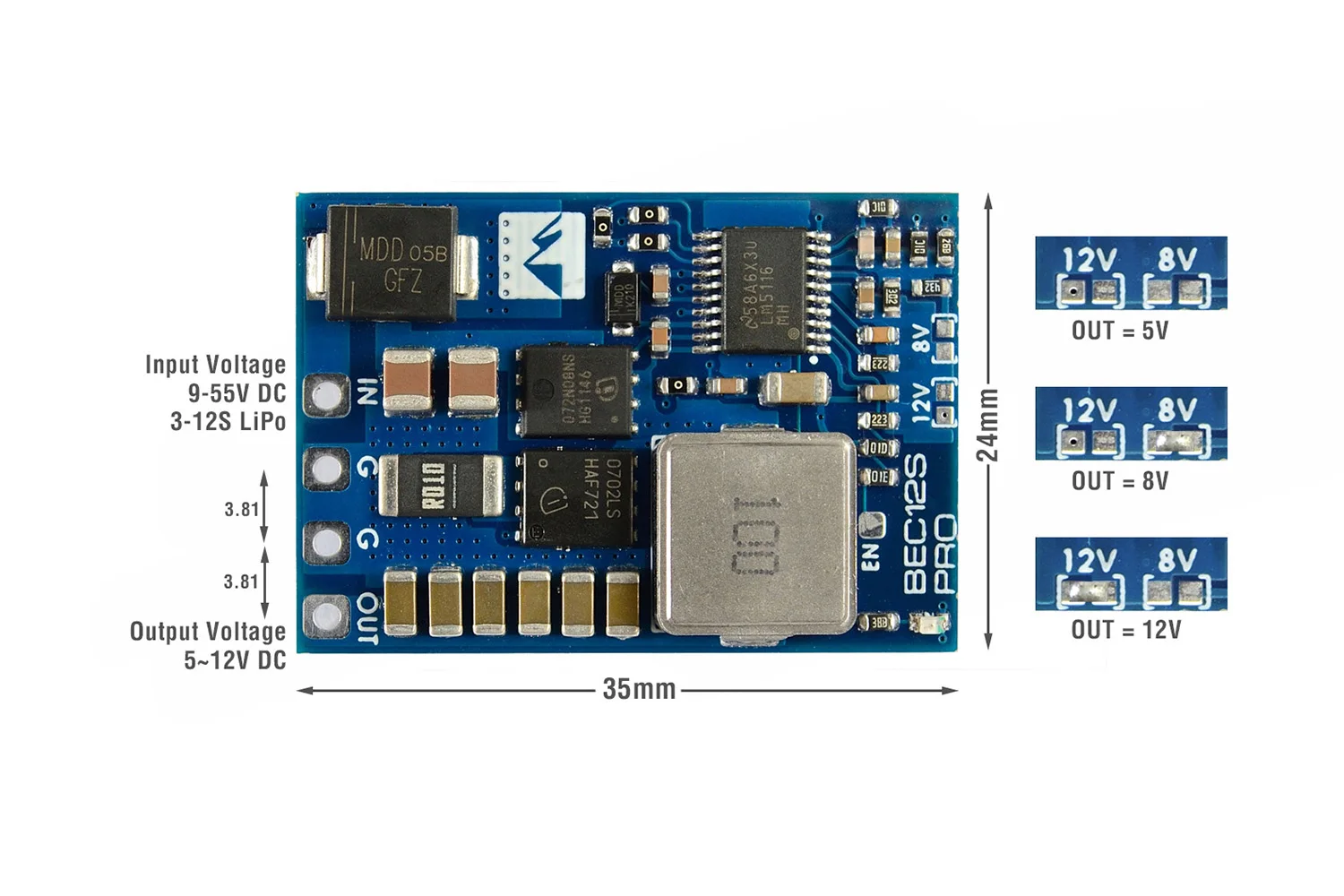 

Mateksys Matek Systems BEC12S-PRO 9-55V TO 5V/8V/12V-5A BEC12S PRO for RC Multirotor FPV Racing Drone Long Range