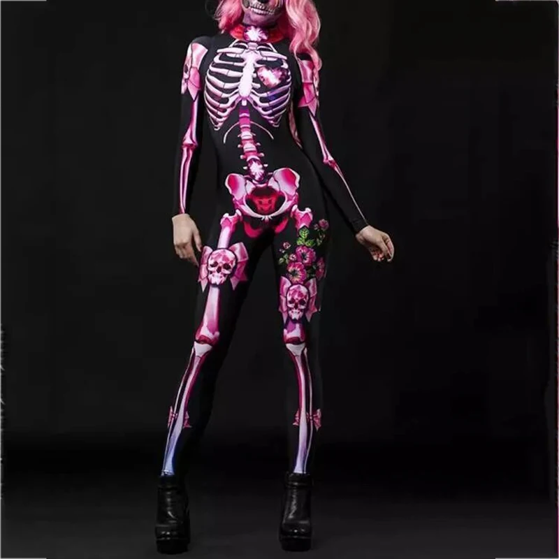 

2022New Style Horror Costume Halloween Carnival Party Cosplay Purim Rose Skull Adult Kids Bodysuit Jumpsuit Day of The Dead