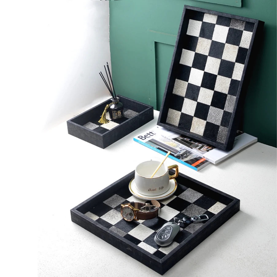 Horsehair Cowhide Black White Checkerboard Storage Tray Leather Tray Ornament Home Entrance Key Jewelry Storage Box Decoration