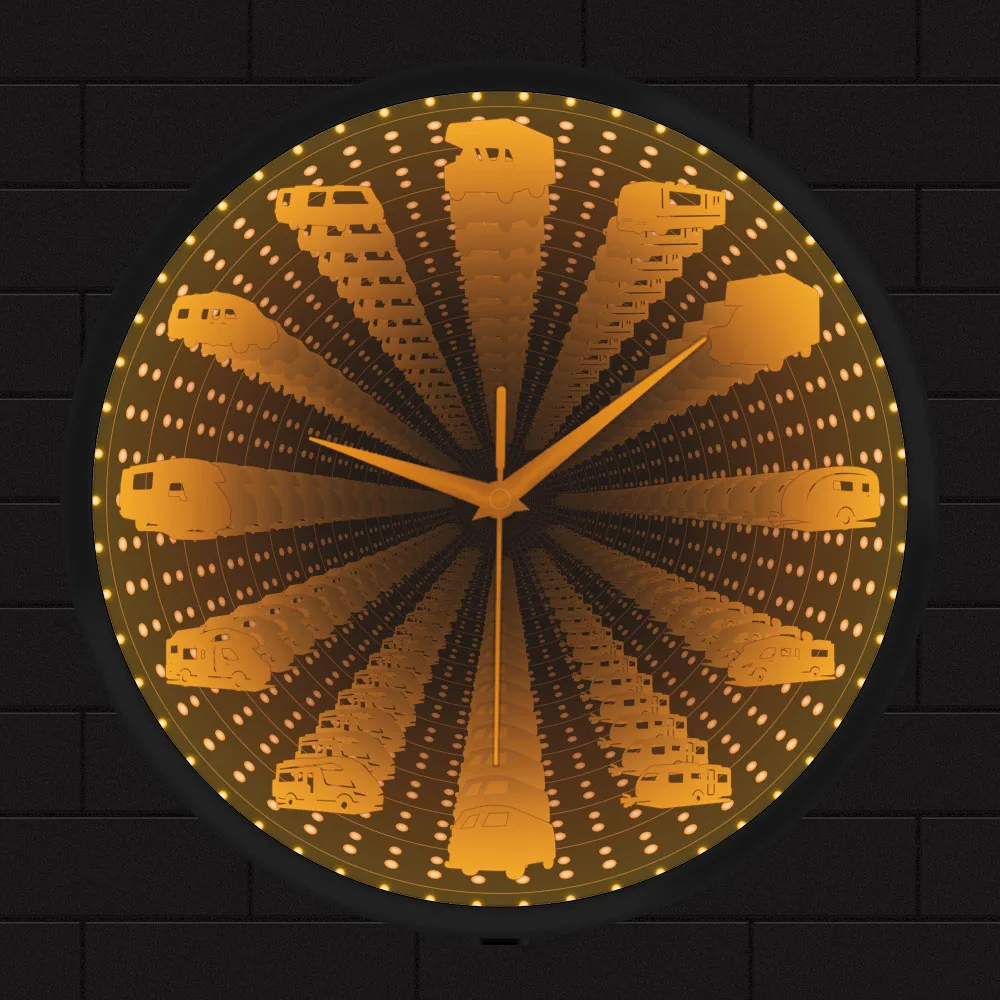 Camper Bus Motorhome Interstellar Infinity Mirror Luminous Wall Clock For Bedroom RV Camping Optical Illusion Clock Glow In Dark
