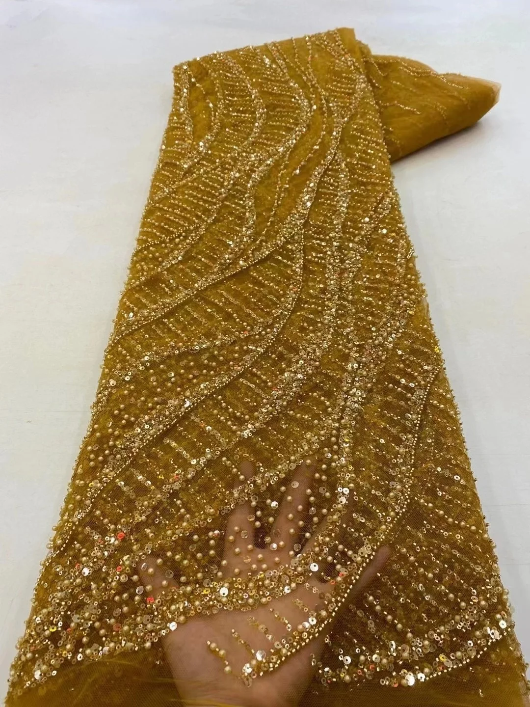 5 ярдов, роскошная кружевная ткань ручной работы с бусинами, тяжелая ...