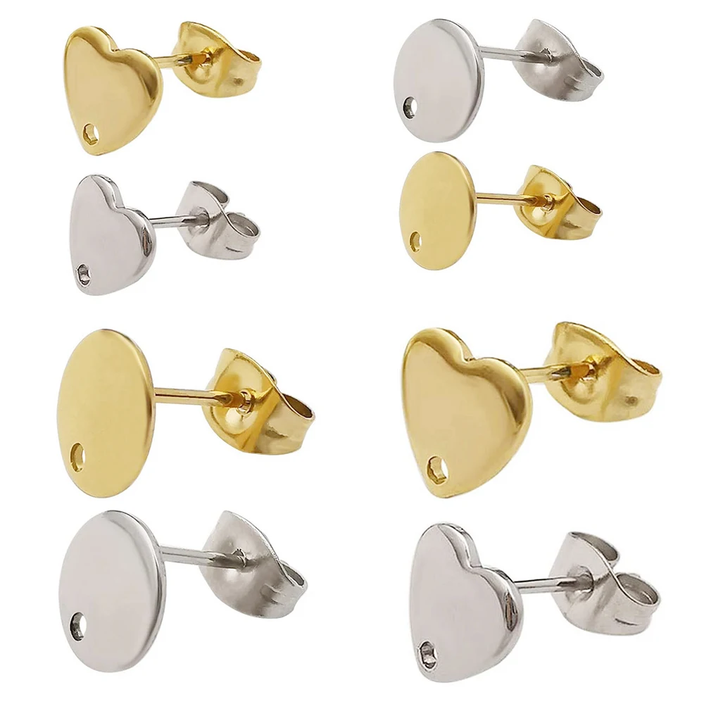 

10pcs/lot Gold Stainless Steel 8mm Heart Round Stud Earrings for Jewelry Making DIY Charm Dangle Earrings Components Accessories
