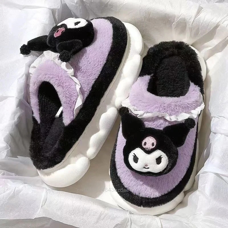 New Sanrio Kuromi Fashion Plush Slipper Women Warm Home Winter Thicked Shoes Girl Hello Kitty Cotton Indoor Full Coverage Shoes