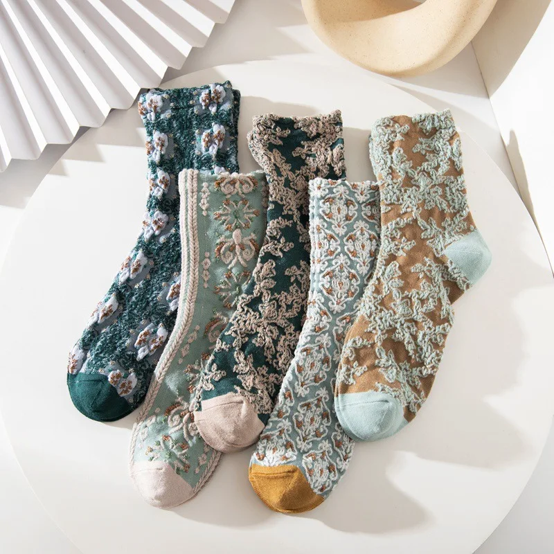 5 Pairs Retro Women Socks Set Cotton Warm Winter Sock Soft Skin-friendly Breathable Korean Fashion Girls Kawaii Cute New
