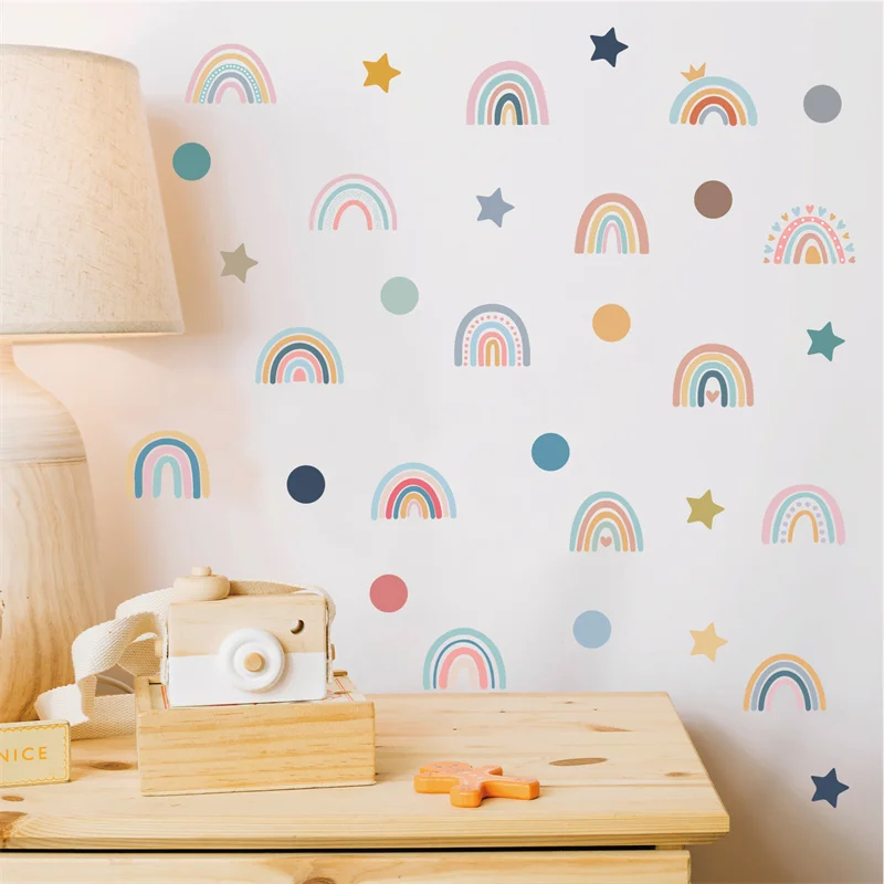 76pcs Boho Rainbow Decor Stickers Colorful Rainbow Clouds Star Wall Decal For Kids Room Girls Bedroom Kids Play Room Home Decor