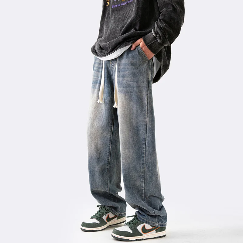 Drawstring Baggy Jeans Men Fashion Casual Vintage Straight Jeans Men Streetwear Hip-hop Loose Denim Pants Mens Trousers S-3XL