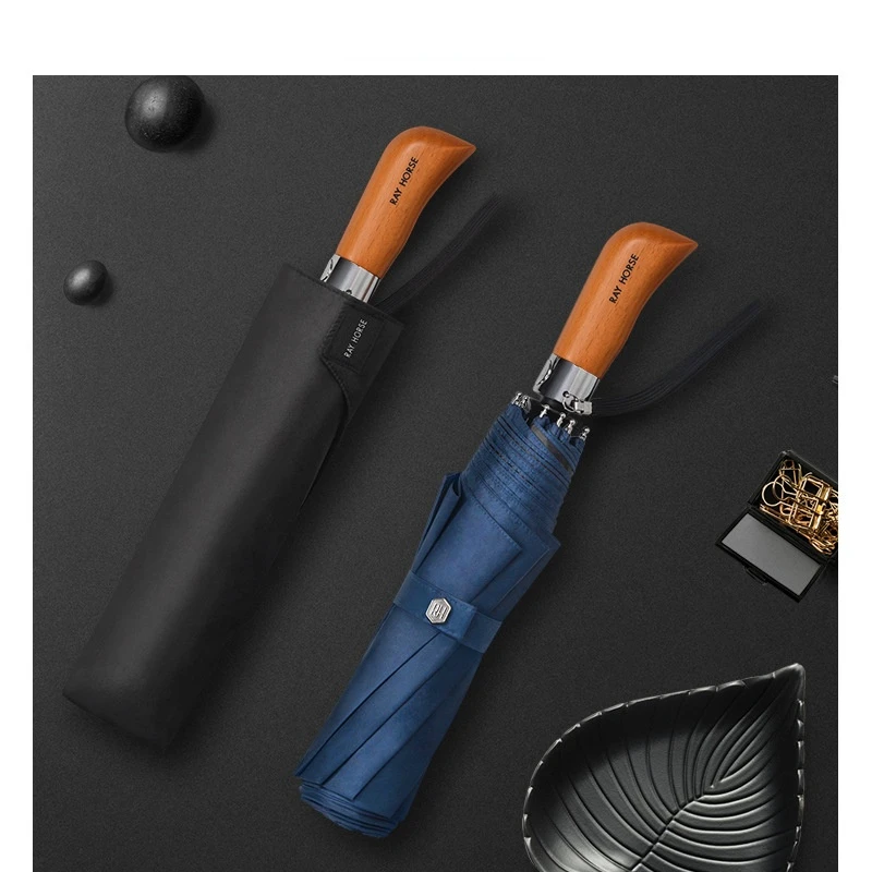 

Portable Fashion Enlarged Wooden Handle Automatic Umbrella Men's Business Black Glue Sunscreen Anti-ultraviolet Sun and Rain