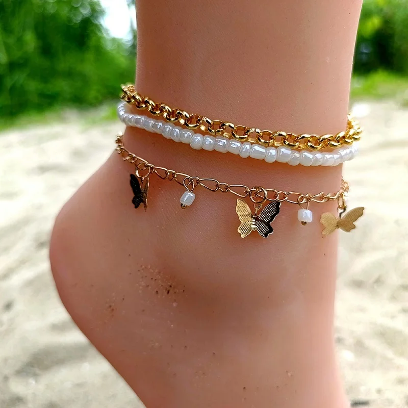 

Модный браслет на ногу с белыми бусинами-бабочками, ювелирные изделия для женщин, винтажный многослойный браслет на ногу в стиле бохо, Аксессуары для ног на цепочке