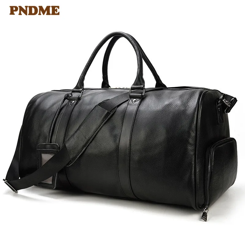 Casual high-quality natural first layer cowhide travel bag black genuine leather handbag large capacity weekend luggage bag