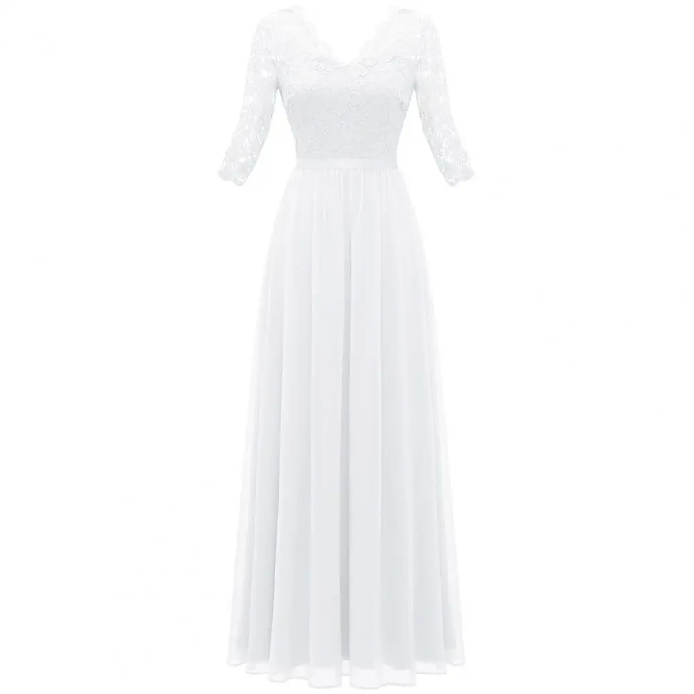 

Women Lace Dress Elegant Women's V-neck Lace Maxi Dress Crochet Mesh Stitching High Waist A-line Gown with 3/4 Sleeves Backless