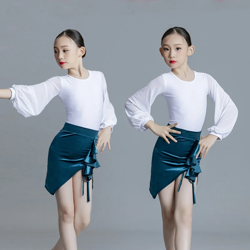 

New Kids Latin Dance Costumes For Girls White Latin Top Velvet Skirts Children'S Latin Dancing Clothes Practice Wear XS5872