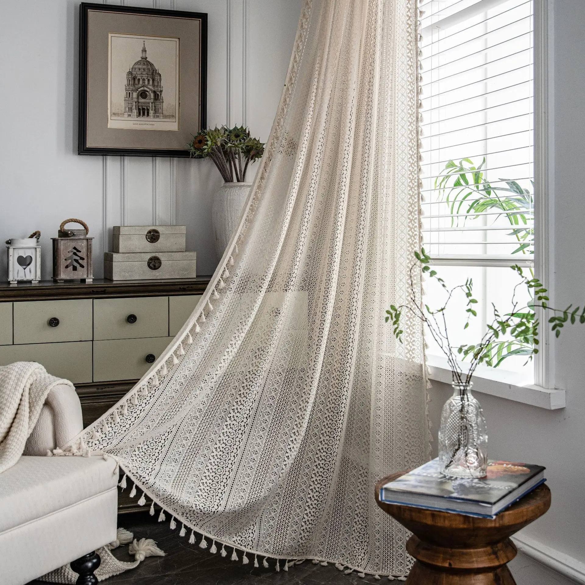 

American Country Style, Beige Crochet Hollow Out Sheer Curtain, Ready-made for Living Room, Balcony, Bedroom, Home Decor