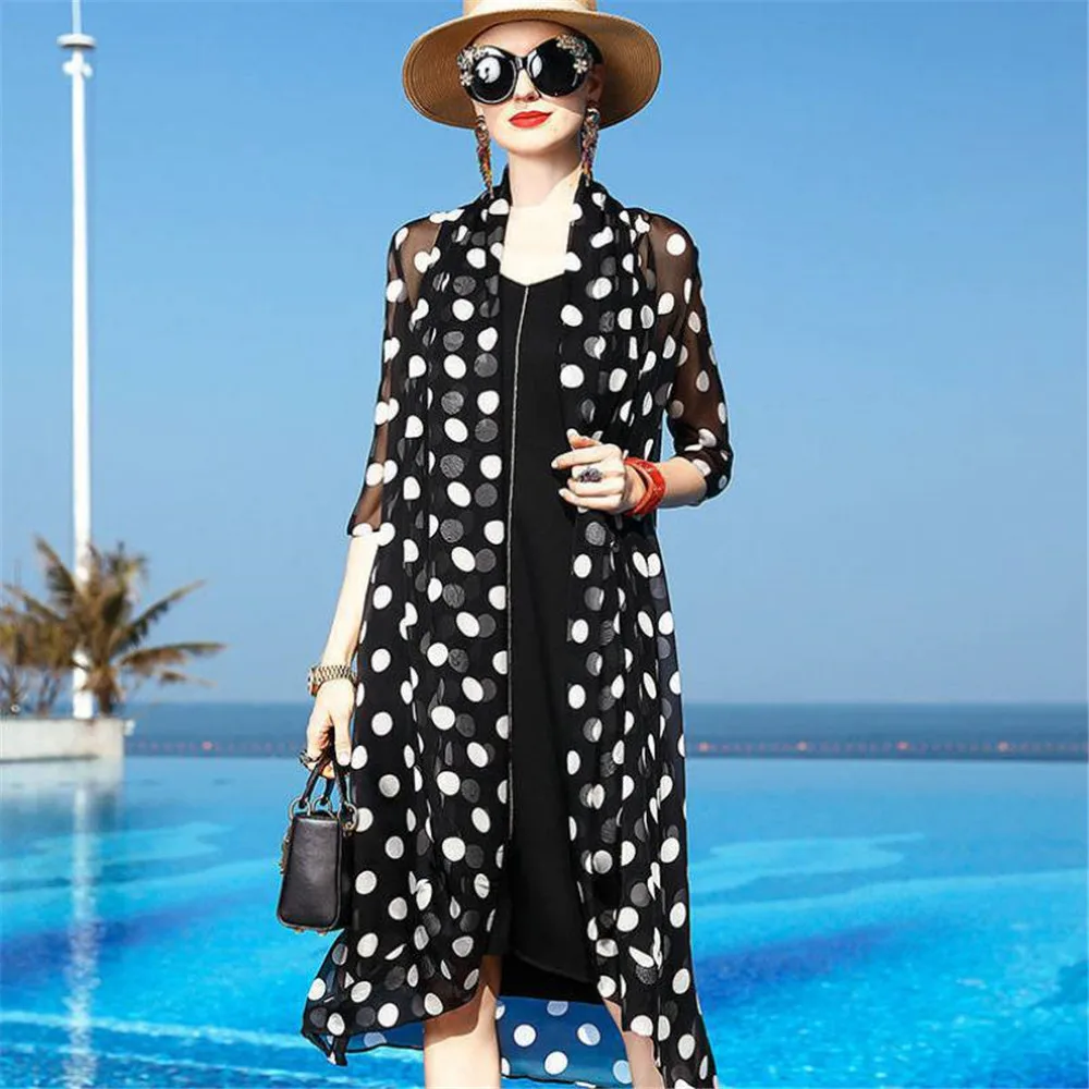 

Jacket Korean Mujer Sunscreen Beach Cardigan Women Jackets Elegant Long Chaqueta Polka Female Chiffon Summer Dot Coat Coats