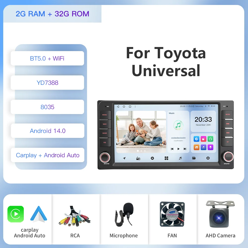 

Универсальный автомобильный радиоприемник Kapud Android 12 для Toyota Rav4/Hilux/Camry/Corolla/Terios/Aqua/Vish 200 мм * 100 мм CarPlay Авто DSP GPS SWC