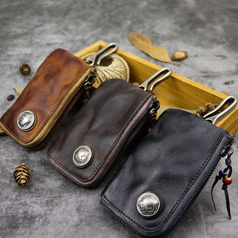 

Portable Leather Key Wallet for Men Short Vintage Zipper Car Keys Holder Coin Purse Card Case Bag Organizer Housekeeper