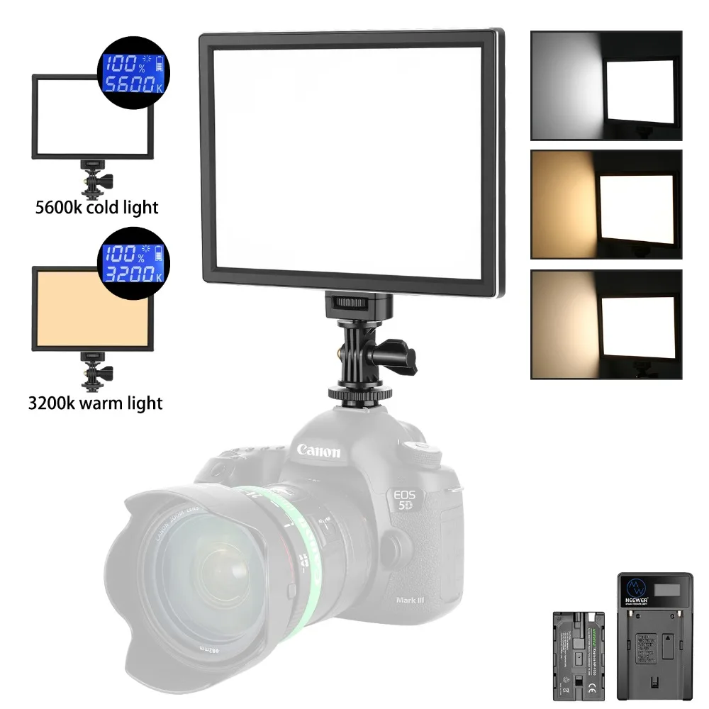 

Neewer T100 Softer SMD LED Video Light Lighting Kit: Bi-color 3200K-5600K Dimmable Ultra Thin LED Panel with 2200mAh Battery