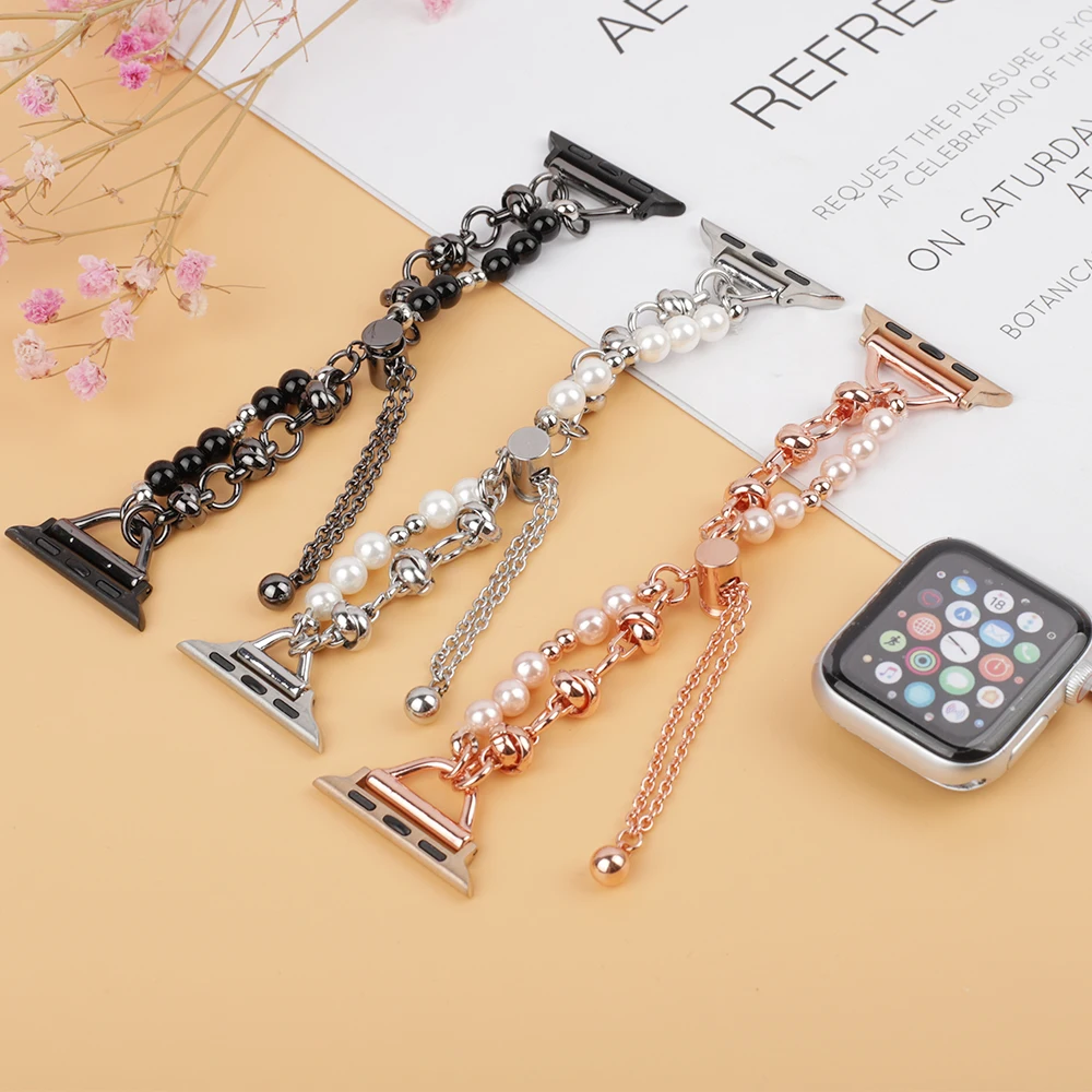 

Metal Chain Pearl Band for Apple Watch 42mm 44mm 40mm 38mm 41mm 45mm Handmade Adjustable Wristband for Iwatch series 7/SE/6/5/4