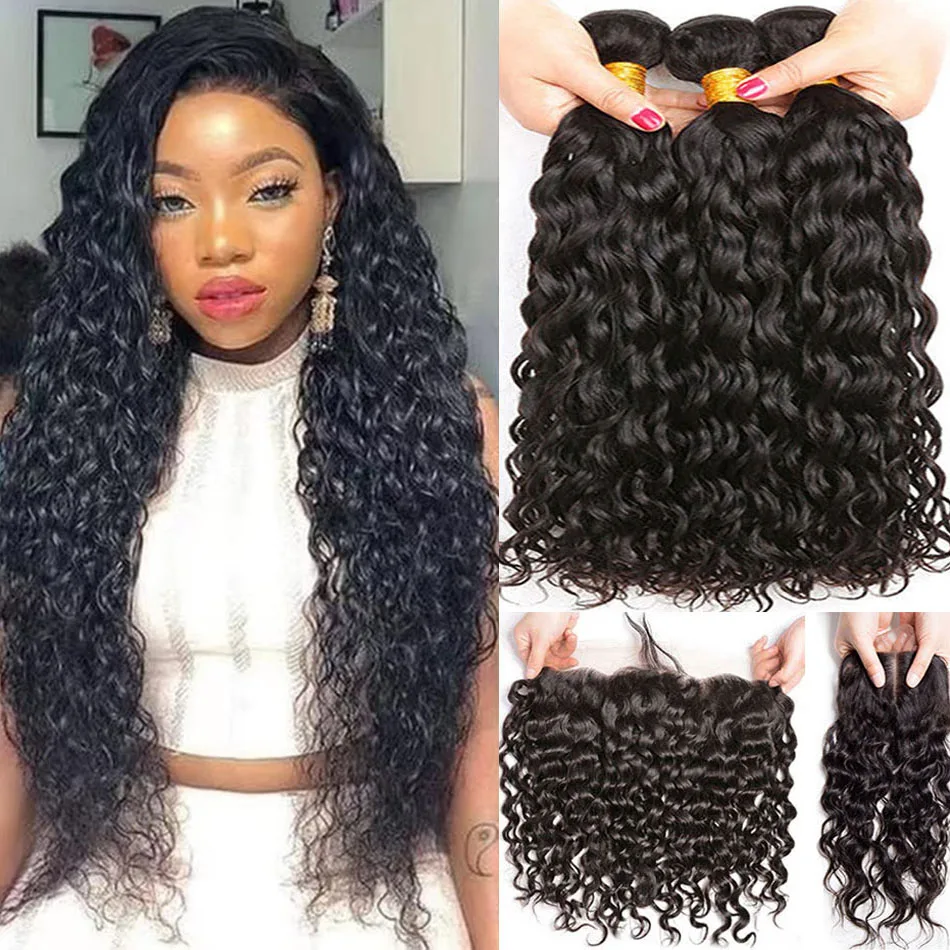 

12A Water Wave Bundle With Frontal Virgin Unprocessed Human Hair 3 4Bundles With Closure Wet And Wavy Malaysian Curly Hair Weave