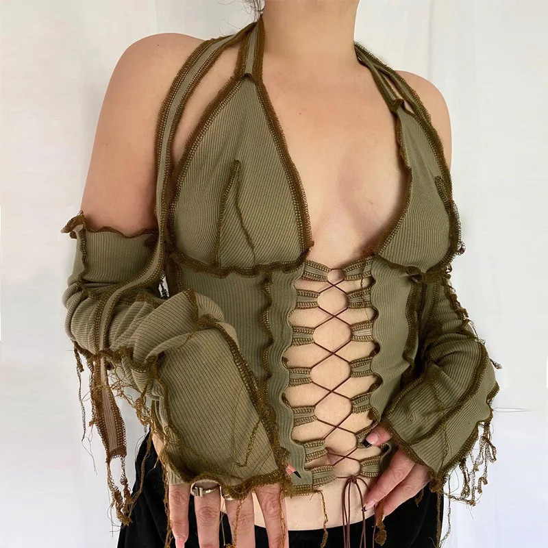 

2022 Reverse Car Side Chest Lace-up Halter Strap Long-Sleeved T-shirt Women