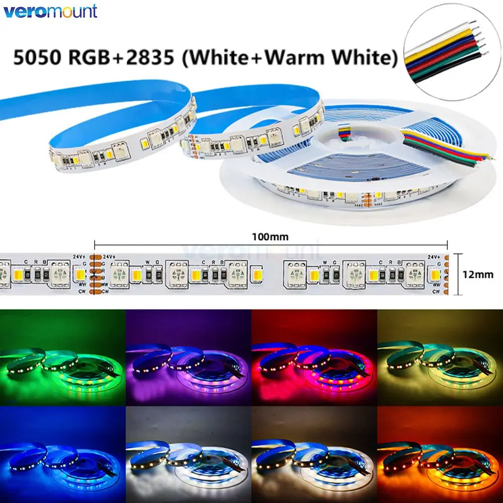 5 м 12 в 24 В постоянного тока 5050 RGBCCT Светодиодная лента 5050 RGB + 2835 теплый белый/белый 2 в 1 CCT 120 светодиодов/м IP20 гибкая светодиодная лента 6 контактов 12 мм PCB
