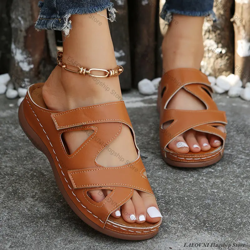 2023 Summer Women Wedge Sandals Premium Orthopedic Open Toe Sandals Vintage Anti-slip Leather Casual Female Platform Retro Shoes