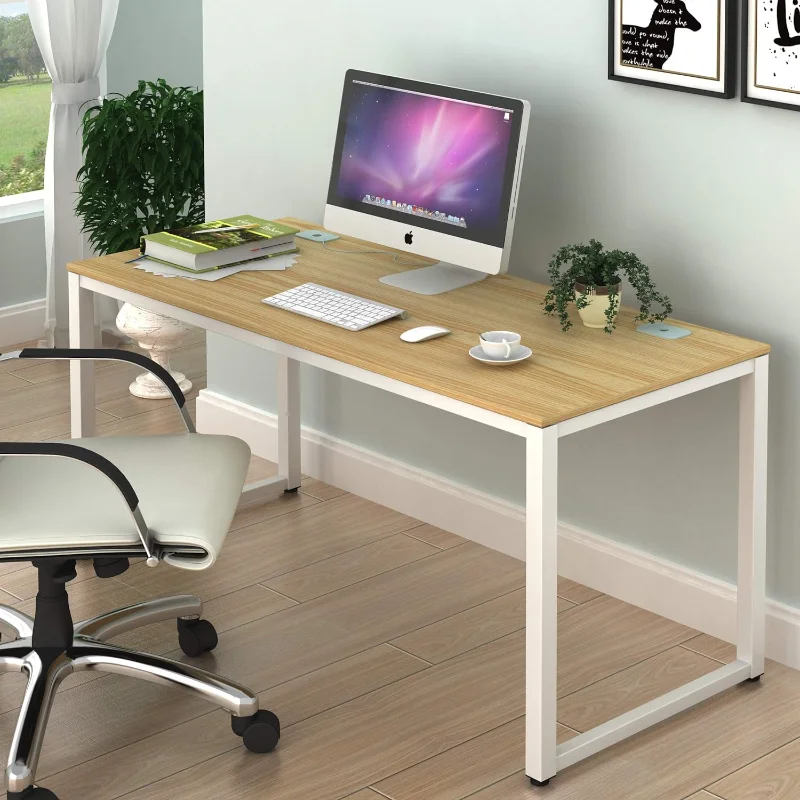 SHW Home Office 55-Inch Large Computer Desk, White Frame W/Oak Top