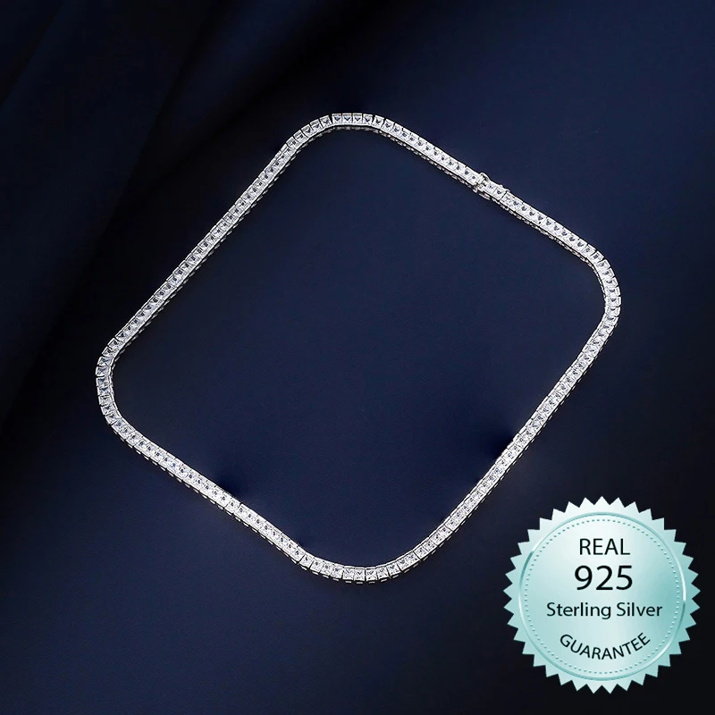 

YLKBTY Real 925 Sterling Silver 45CM Hiphop Tennis Necklace for Women Setting with Squre cubic Zircon Silver Jewelry