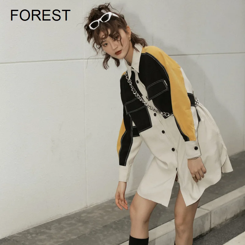 

Women's Blouse 2022 New Korean Style Stitching Shirt Bright Line Shirt Loose Thin Neck Long Sleeve Lined Skirt Style Forest