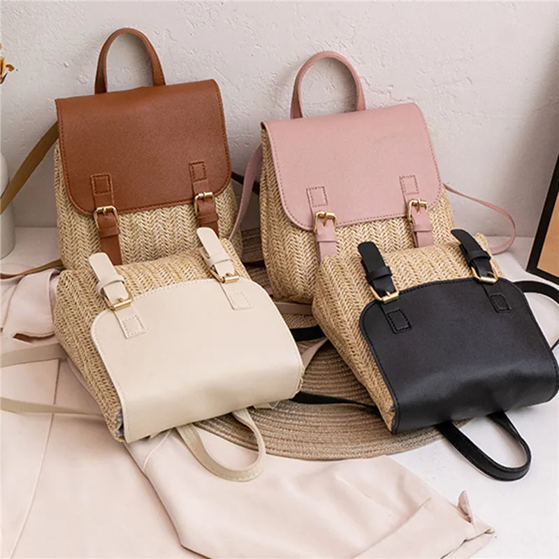 

Straw Bags For Women Mini Weave Straw Woven Backpack PU Leather Schoolbags For Teenage Girls Versatile Straw Woven Backpack