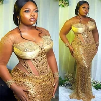 plus size evening dresses gold sequins beads pearls mermaid prom dress long sleeves party gowns custom made robes de mari%c3%a9e