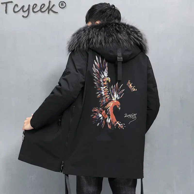 

Tcyeek Raccoon Fur Collar Winter Warm Real Fur Jacket Men Clothes 2023 Fashion Hooded Men's Parka Slim Nature Rabbit Fur Liner