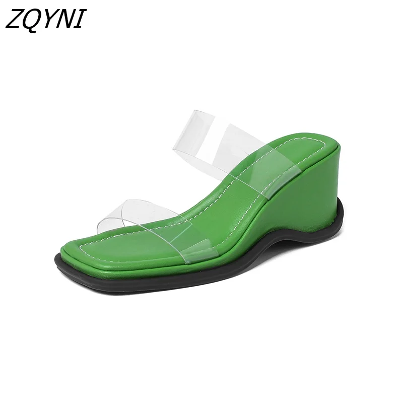 

2022 new punk style sandals comfortable slope heel high-heeled slippers thick bottom green outdoor home Beach