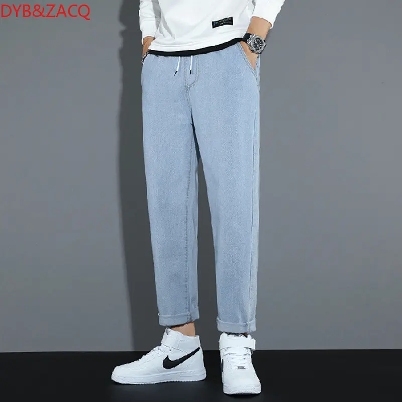 DYB&ZACQ Brand Spring and Autumn Solid Color Retro Style Wide Leg Loose Neutral Elastic Waist Drawstring Jeans