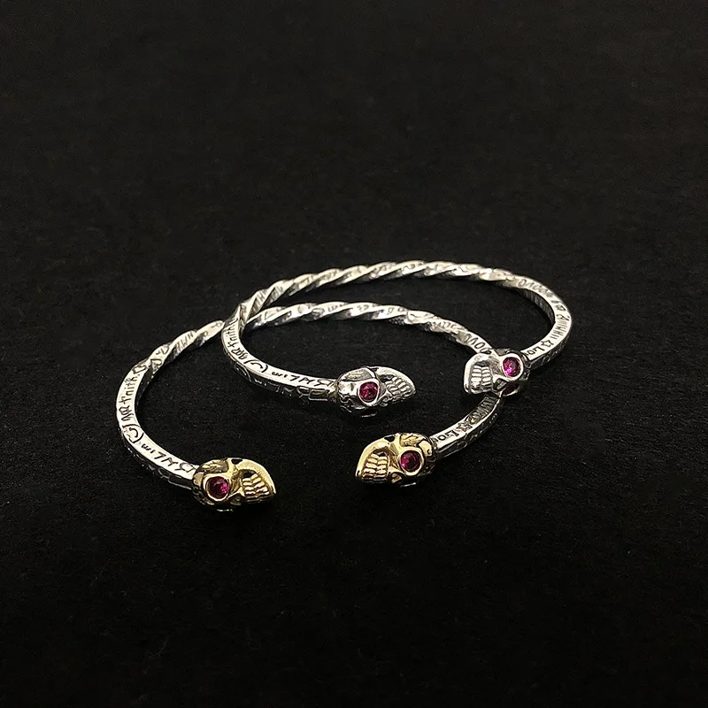 

BOCAI S925 Sterling Silver Personality Hip-hop Graffiti New Pattern Skull Bracelet Hipster Fashion European And American