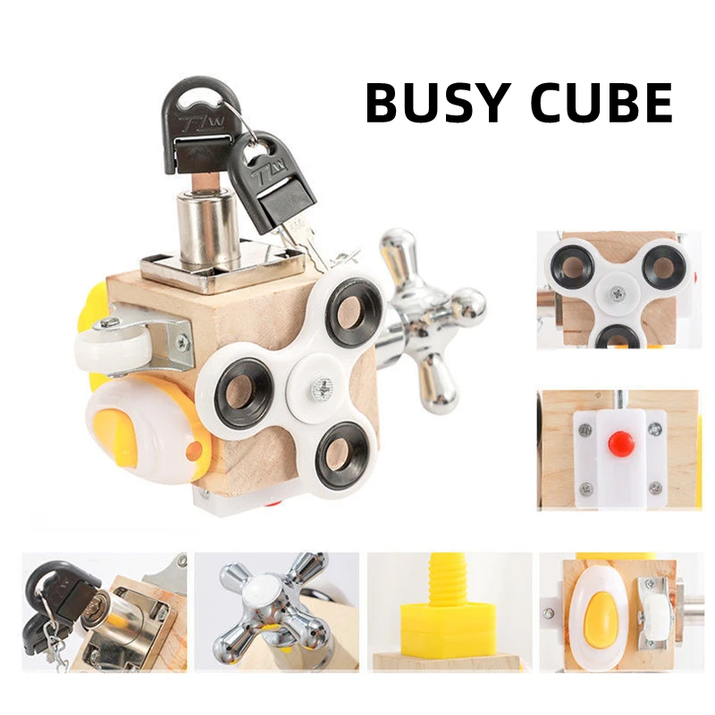 Wooden Busy Cube Kids Busy Block Montessori Educational Toys Hands-on Grasping Ability Training Lock Box Baby Early Learning