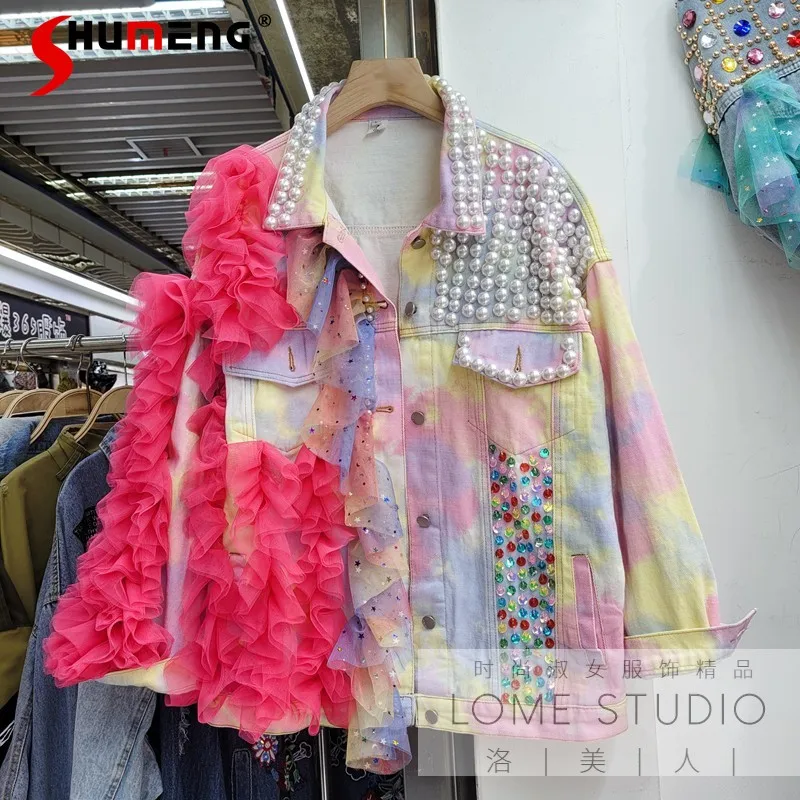 

New Women's Sequin Diamond Stitching Mesh Gradient Color Loose Denim Coat Spring 2022 Trendy Jean Jackets Female Mujer Chaqueta