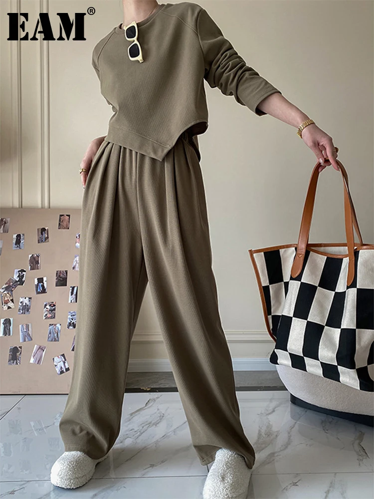 

[EAM] Wide Leg Pants Green Irregular Big Size Two Piece Suit New Round Neck Long Sleeve Women Fashion Spring Autumn 2023 1DE8846