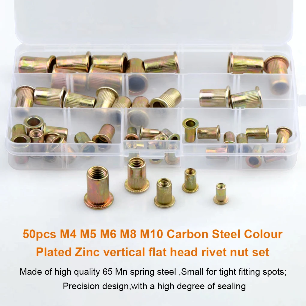 

50 Pieces M 4 M5 M6 M8 M10 Carbon Steel Flat Head Rivet Nut Rivnuts Tool Kit