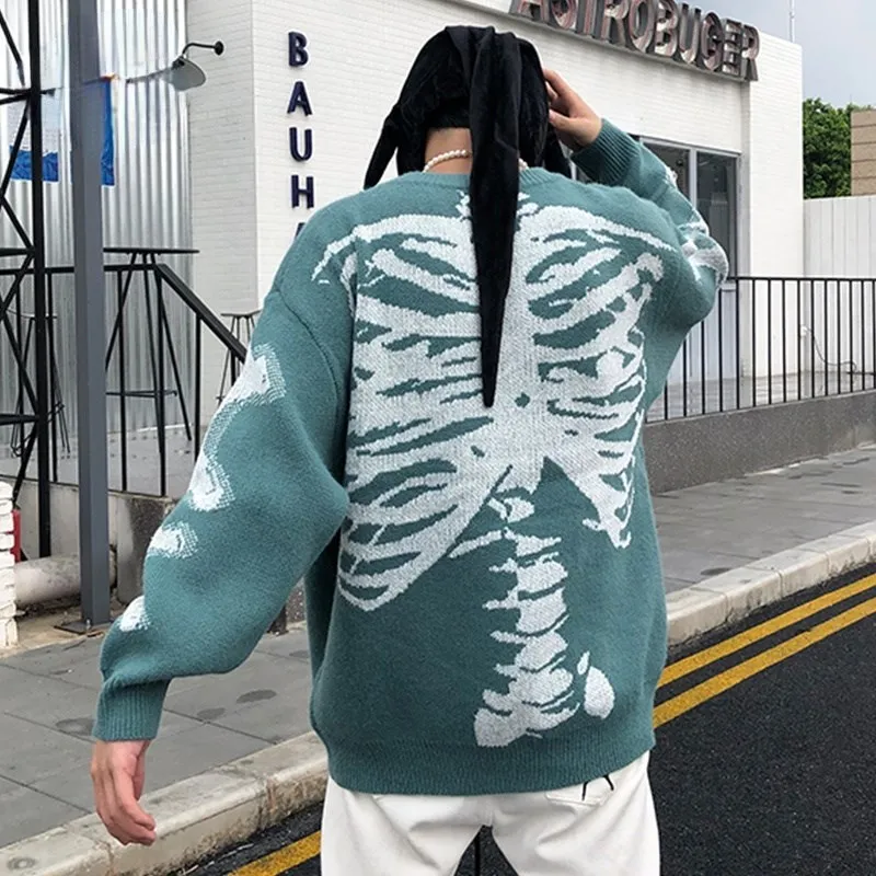 Men Oversized Sweater Black Loose Skeleton Bone Print Women Vintage Retro Knitted Sweater 2023 Autumn Cotton Pullover Unisex
