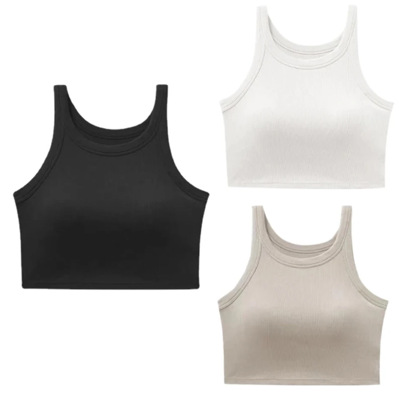 

Womens Sleeveless Round Neck Ribbed Knit Crop Top Solid Color Padded Racerback Camisole Vest for Workout Sports
