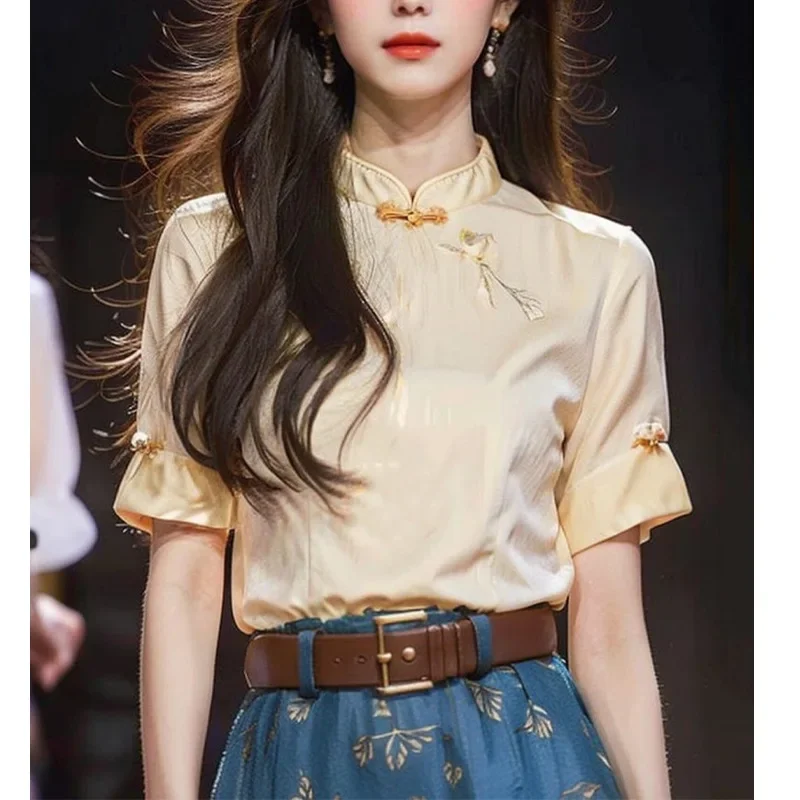 Новая рубашка цвета хаки с воротником-стойкой и коротким рукавом в китайском