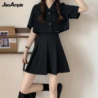 womens summer casual short top mini skirt two piece korean 2022 new short sleeve jacket high waist sexy pleated skirts suit
