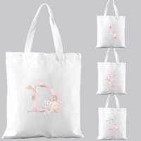 shopping bag women bag handbag shoulder bag casual initial name pink flower letter pattern printing travel bag white canvas bag