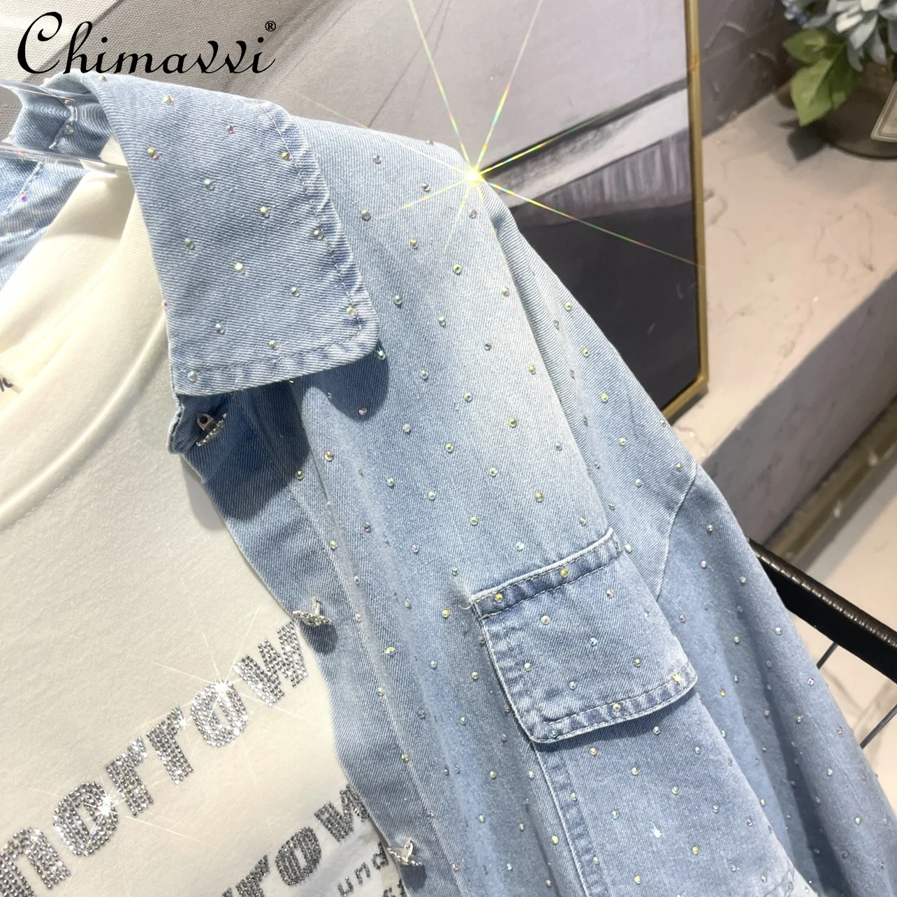Женская джинсовая рубашка со стразами Повседневная мешковатая блузка большого